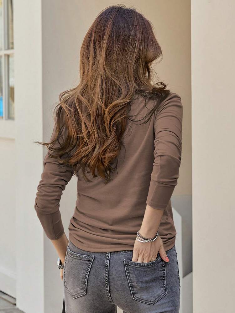 Solid V Neck Tee,Fall Clothes Preppy Tops Long Sleeve Women Tops