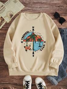 SHEIN EZwear Plus Tropical & Letter Graphic Thermal Lined Sweatshirt - Apricot - View 1