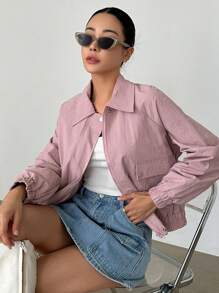 DAZY Flap Pocket Drop Shoulder Zip Up Jacket - Pink - View 3