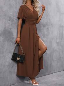 SHEIN Clasi 蝴蝶袖开叉大腿连衣裙长款女装 - 巧克力棕 - 查看 6