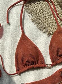 SHEIN Swim Bộ đồ tắm Bikini tam giác lấp lánh trên bãi biển mùa hè - Rỉ Nâu - Xem 5