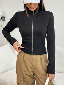 SHEIN EZwear 拉鏈開襟素色運動衫 - 黑色 - 查看 4