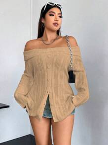 Flirla Áo len chui đầu trễ vai cài nút phía trước, kiểu dáng thu đông. - Màu be - Xem 2