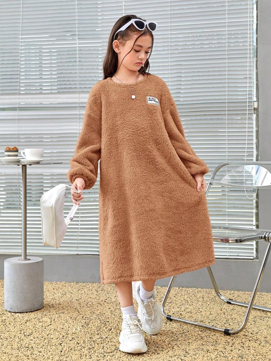 SHEIN Tween Girl Letter Patched Drop Shoulder Teddy Dress - Khaki - View 1