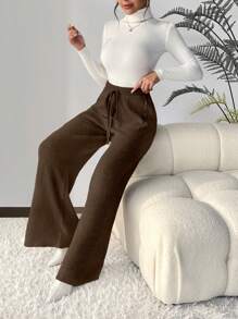 SHEIN LUNE Drawstring Waist Wide Leg Sweater Pants - Coffee Brown - View 6