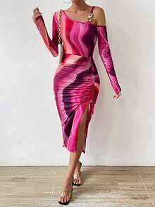 SHEIN Privé Marble Print Asymmetrical Neck Drawstring Split Thigh Dress - Multicolor - View 4