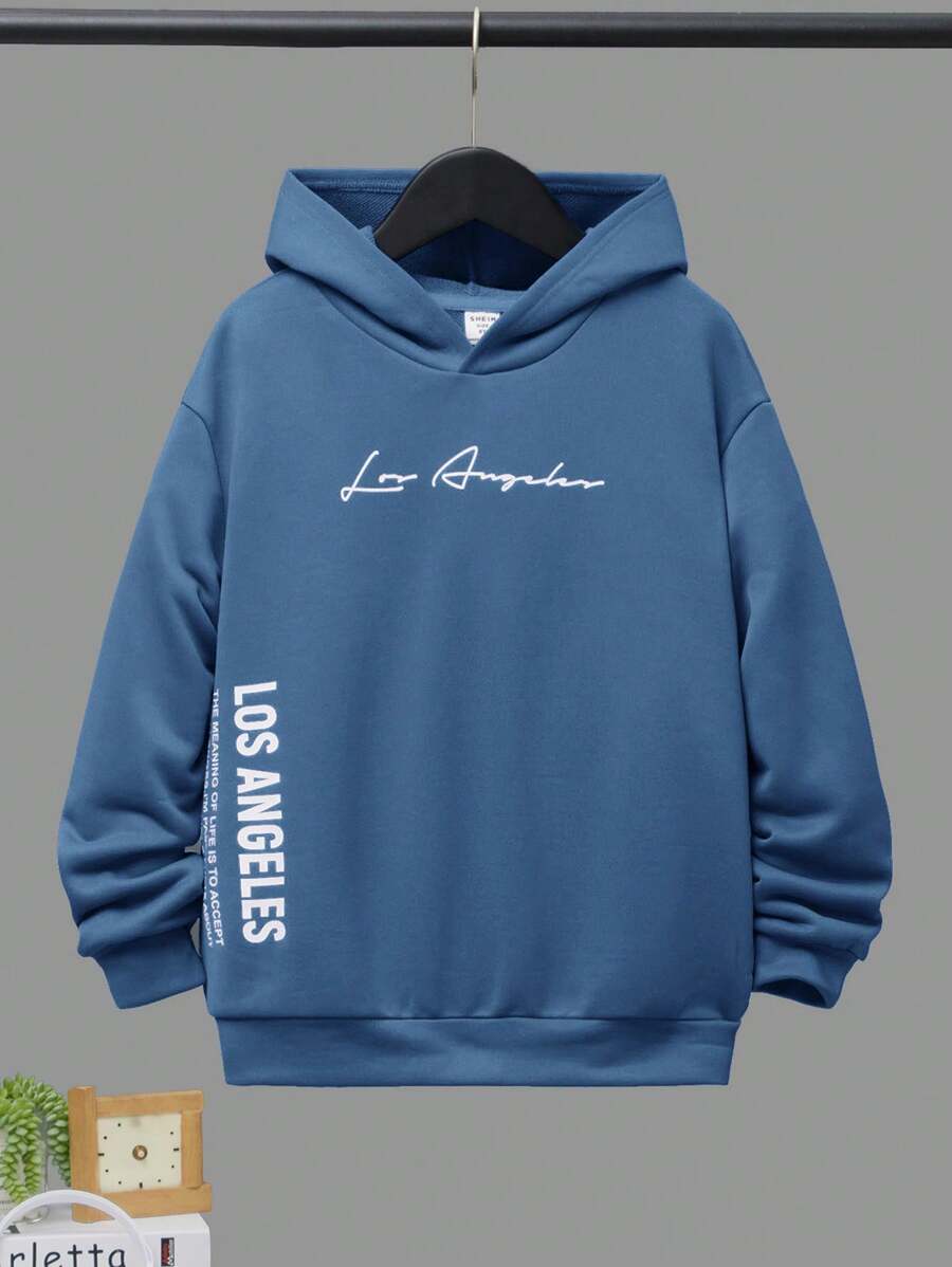 SHEIN 男大童標語圖案連帽領加絨內裏運動衫 - 藍色 - 查看 1