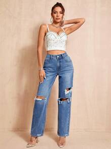 SHEIN BAE 高腰破洞直筒牛仔褲 - 深色水洗藍 - 查看 1