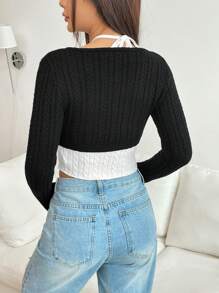 SHEIN EZwear Cut Out Crop Cardigan & Knit Top - Black and White - View 2