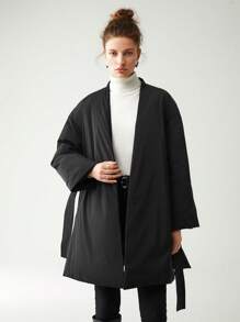 Anewsta Solid Drop Shoulder Belted Padded Coat - Black - View 4