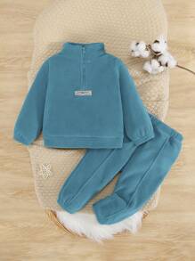 SHEIN 男嬰字母貼布半拉鏈衛衣和衛褲 - 藍色 - 查看 1