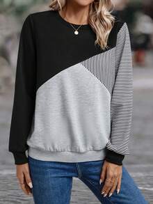 EMERY ROSE Striped Print Colorblock Sweatshirt - Grey - View 3