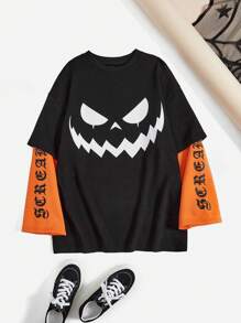 SHEIN Coolane 萬聖節字母和卡通圖案落肩袖二合一運動衫 - 黑色 - 查看 1