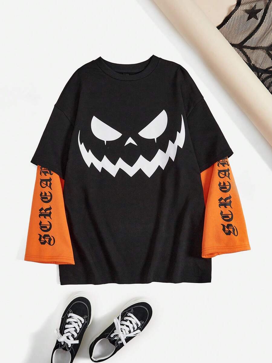 SHEIN Coolane 萬聖節字母和卡通圖案落肩袖二合一運動衫 - 黑色 - 查看 1