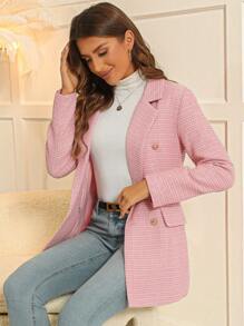 SHEIN Clasi 格紋雙排釦花呢外套 - 粉色 - 查看 1