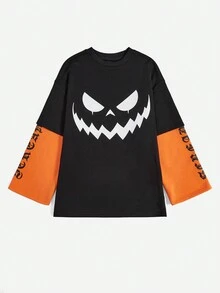 SHEIN Coolane 萬聖節字母和卡通圖案落肩袖二合一運動衫 - 黑色 - 查看 3