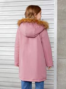 SHEIN 青少年女孩字母图案毛绒装饰连帽保暖衬里翻盖口袋填充外套 - 藕粉色 - 查看 2