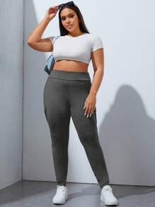 SHEIN EZwear Plus Flap Pocket Side Leggings - Dark Grey - View 3