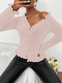 Chiquease Acabamento De Folho Botão Frontal Cardigans - Rosa empoeirado - Visão 3