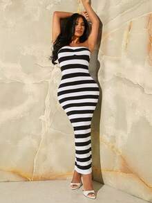 SHEIN SXY Striped Pattern Sweater Dress Without Cardigan - Black and White - View 5