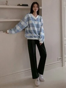 DAZY In kẻ sọc Thả vai Áo chui đầu Oversized - Xanh và trắng - Xem 3