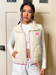 SHEIN EZwear Letter Patched Detail Contrast Binding Zipper Vest Padded Coat - Beige - View 4