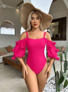 Plain Cold Shoulder One Piece Swimsuit - Hot Pink - View 3