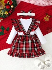 Đứa bé gái In Giáng sinh Áo liền quần chặt & In kẻ sọc Viền Ruffle Nơ mặt trước Đầm Tổng thể & Băng đô đầu - Đỏ và trắng - Xem 2