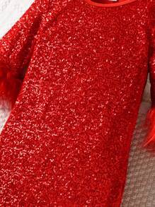 SHEIN 女大童毛茸邊亮片緊身洋裝適用於聖誕 - 紅色 - 查看 5