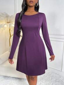 SHEIN Lady Solid Scoop Neck A-line Dress - Purple - View 3
