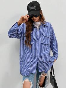 SHEIN Frenchy Striped Print Drop Shoulder Flap Pocket Shirt - Blue and White - View 1