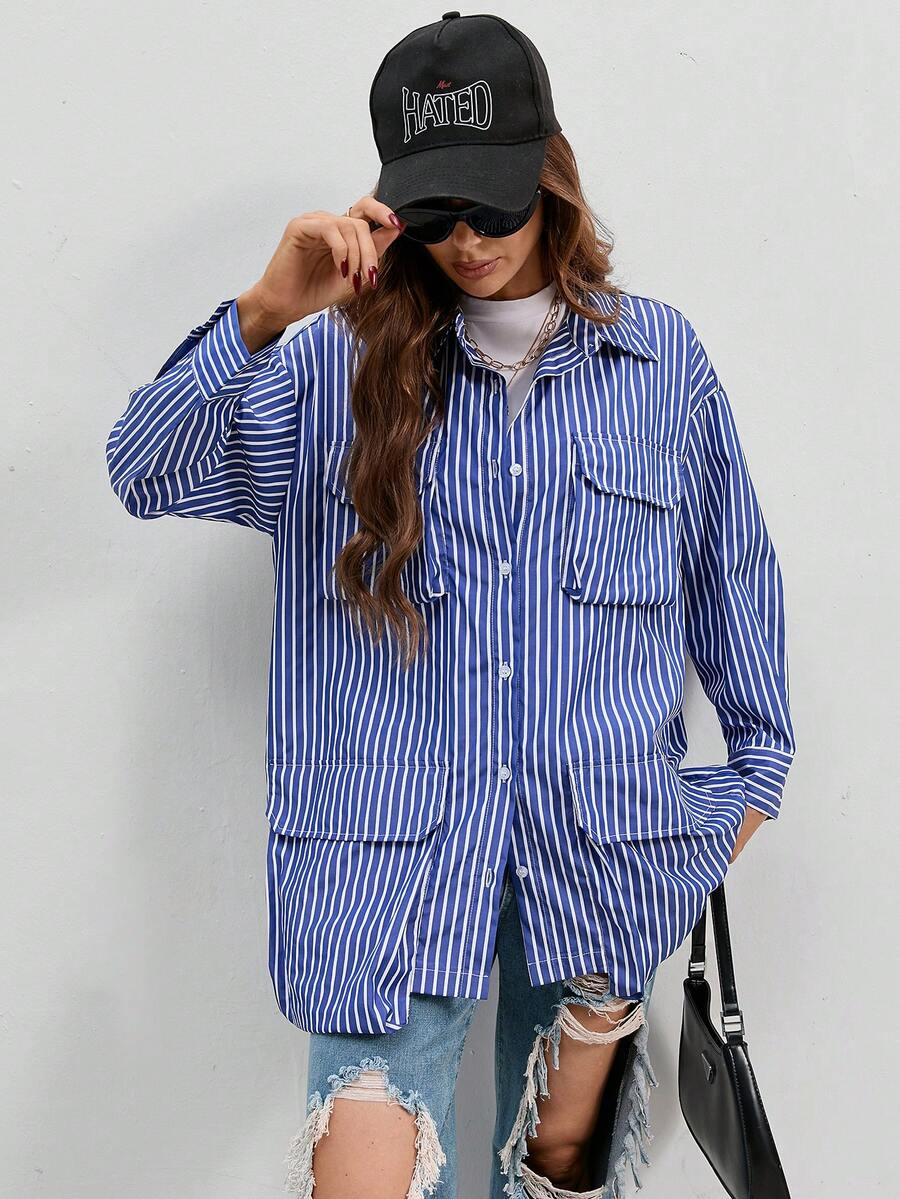SHEIN Frenchy Striped Print Drop Shoulder Flap Pocket Shirt - Blue and White - View 1