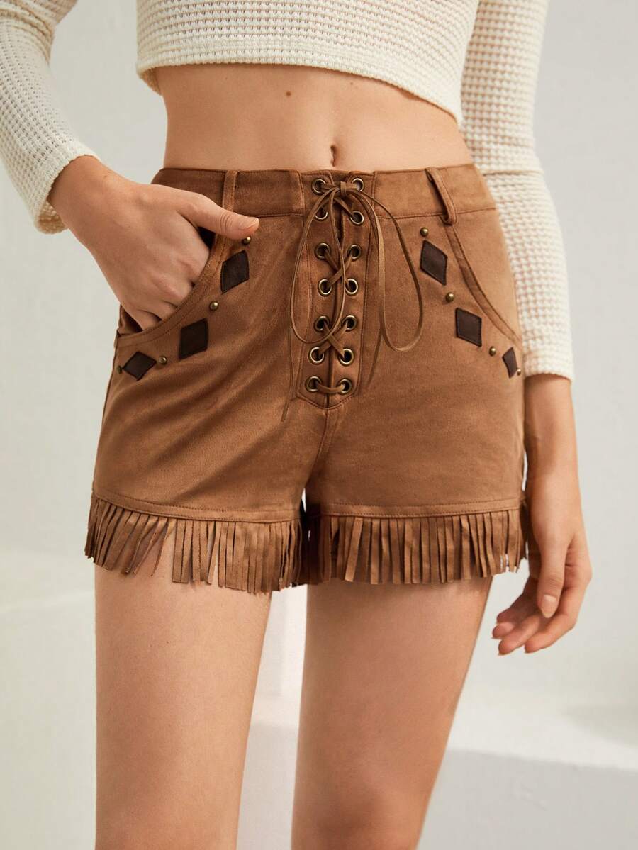 Bohemela 前繫帶流蘇下擺短褲 - 卡其色 - 查看 1