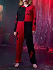 Harley Quinn | ROMWE Letter Graphic Two Tone Hooded Sleep Jumpsuit - Multicolor - View 4