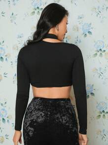 EastFlair 前鏤空短款上衣 - 黑色 - 查看 2