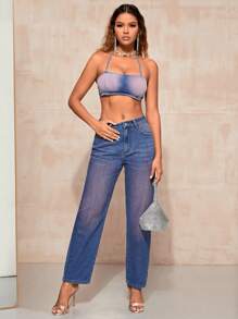 SHEIN BAE 後背繫帶短款牛仔掛脖上衣 - 藍色 - 查看 4