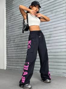 SHEIN Coolane Letter Graphic Flap Pocket Side Drawstring Waist Cargo Pants - Black - View 6