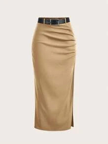 SHEIN EZwear 素色高衩半身裙不附腰帶 - 駝色 - 查看 1