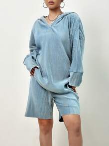 SHEIN Unity Drop Shoulder Hooded Top & Shorts - Blue - View 6