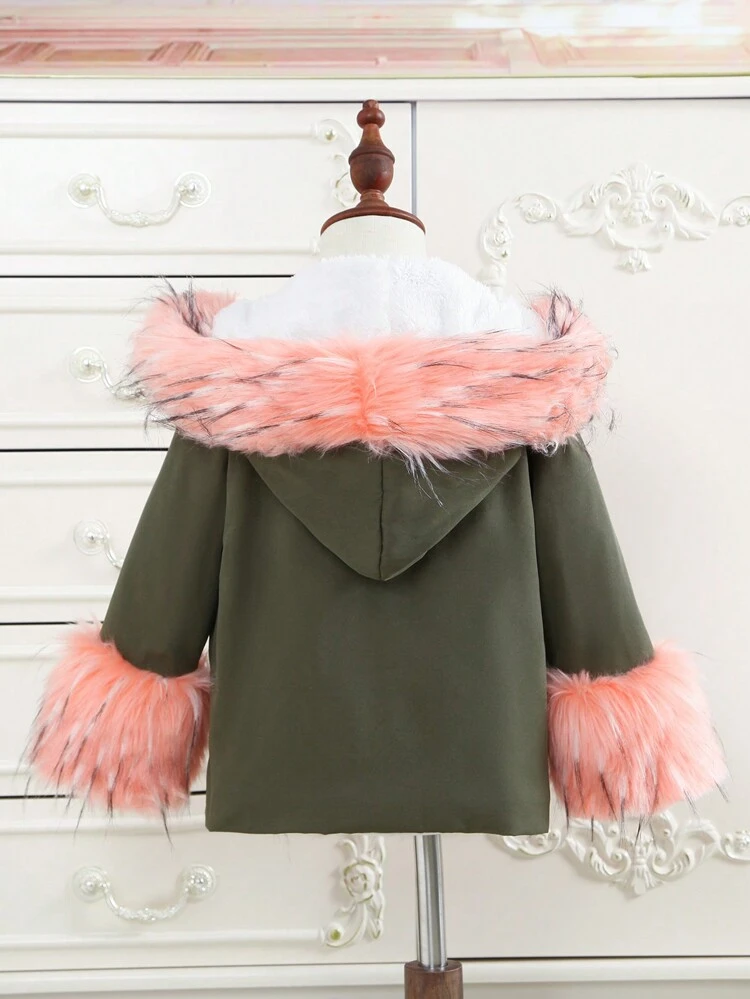Young Girl Fuzzy Trim Hooded Teddy Lined Coat Without Tee