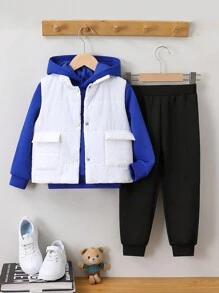 SHEIN Young Girl Flap Pocket Hooded Vest Jacket & Sweatpants & Sweatshirt - Blue - View 1
