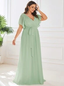 EVERPRETTY Plus Elegant V Neck Pleated Ruffle Sleeves Floor Length Fall Winter Green Wedding Guest Dresses Bridesmaid Formal Dresses For Party - Mint Green - View 4