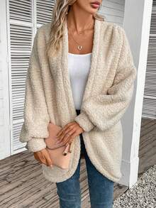 SHEIN Frenchy Thả vai Mở Mặt trước áo có mũ Áo khoác Teddy - Màu be - Xem 6