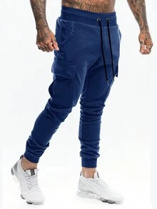 ROMWE MEN Street Life Nam In chớp Túi có nắp Eo dây rút Quần thể thao - Màu xanh hải quân - Xem 4