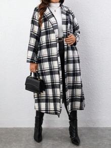 SHEIN LUNE Plus Plaid Lapel Neck Overcoat - Multicolor - View 5