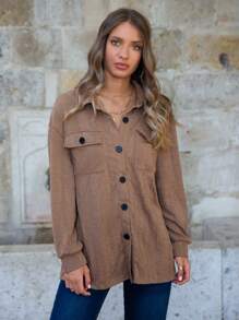 SHEIN LUNE 翻蓋口袋落肩袖外套 - 摩卡棕 - 查看 5