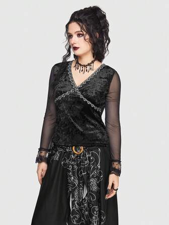 Goth Contrast Mesh Lace Trim Velvet Top