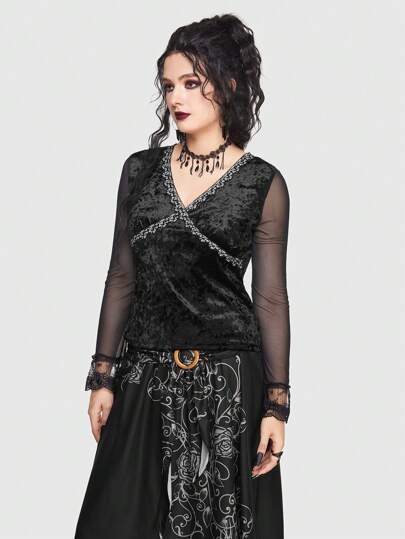Goth Contrast Mesh Lace Trim Velvet Top