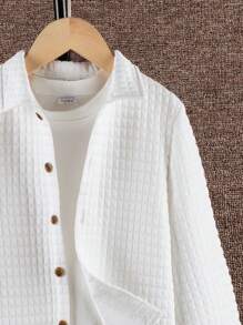 SHEIN 年輕男孩休閒折領針織純色長袖襯衫 - 白色 - 查看 5