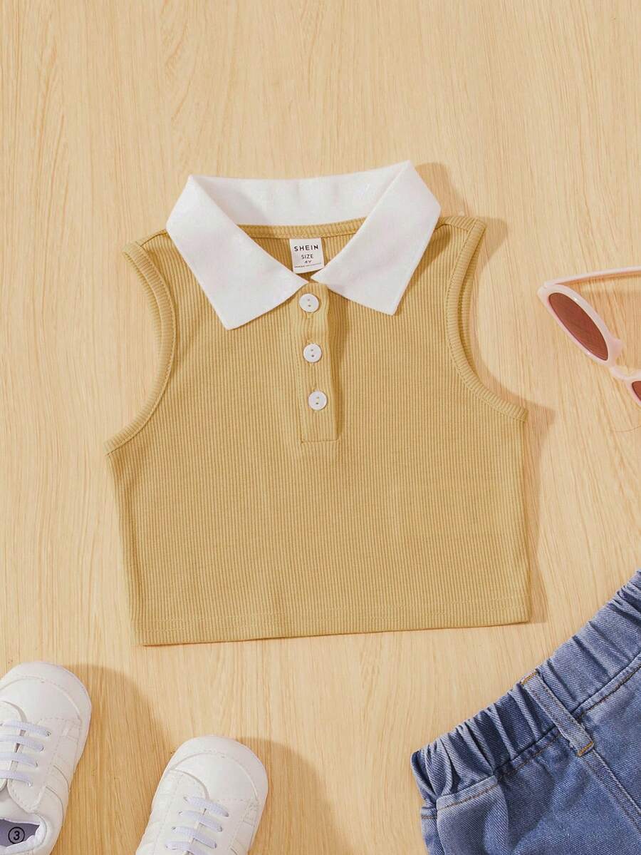 SHEIN Cô Gái Trẻ Cổ áo tương phản Cổ Polo Áo ba lỗ - Màu be - Xem 1